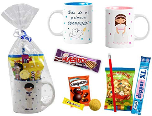 Lote de 4 Tazas de Cerámica con Golosinas Personalizables Comunión(Modelo a Elegir). Regalos y Juguetes para Fiestas de Cumpleaños, Bodas, Bautizos y Comuniones. DC (NIÑO)