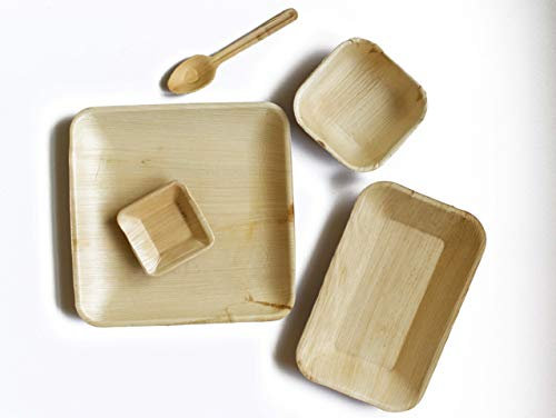 DISPOSABLE GREEN® | 150 Pieces Set | Palm Leaf Plates| 25 x 25 cm Sq Plates+25 xRectangle Tray 26x16 cm + 25 x 15 cm Round Bowl+ 25 x 10 cm Round Bowls + 25 x Fork & Knife