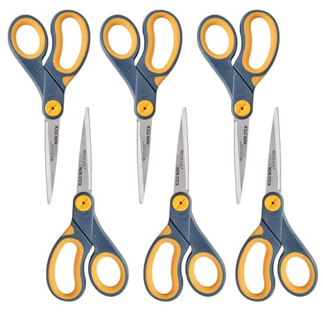 Westcott Forbici in titanio antiaderenti da 20,3 cm, per ufficio e casa, tecnologia Glide Adjust, grigio/giallo, forbici per tessuti, confezione da 6