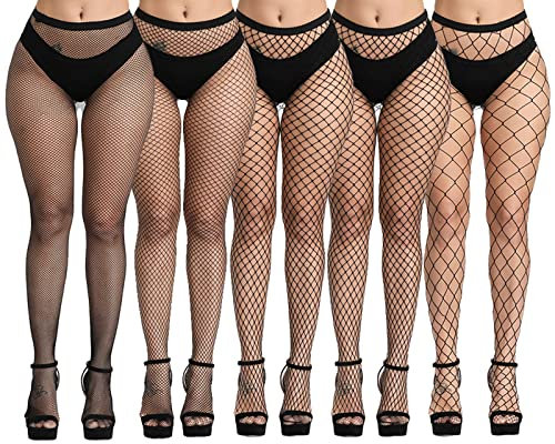 DRESHOW 5 Pares Mujeres Sexy Elástico Medias de Cintura Alta Medias de Rejilla de Calcetines Medias de Malla Pantimedias