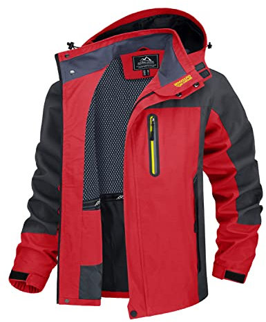 TACVASEN Regenjacke Herren Wasserdicht Atmungsaktiv Outdoorjacke Übergangsjacke Leicht Winterjacke Wasserabweisend Angeljacke Softshell Arbeitsjacke Winddicht Trekkingjacke(XXL, Rot)