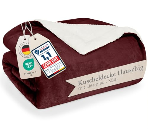 Blumtal Premium Sherpa Kuscheldecke flauschig 130x150 cm - Oeko-Tex zert. Sofa Decke mit Dicker Sherpa-Innenseite - super Flauschige Sherpa Decke extra dick und wärmend - Plüschdecke - Dunkelrot