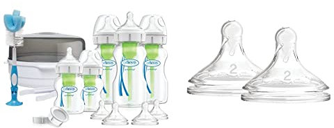 Dr. Brown's Options+ Anti-Colic Baby Bottle, Wide Neck, Newborn Gift Set & Options+ Wide-Neck Bottle Teat Level 2 (3m+), Pack of 2