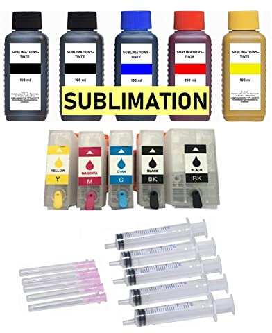 Inkpro Nachfüllbare Tintenpatronen mit Auto-Reset-Chips E 202 XL + 5 x 100 ml Sublimationstinte für Expression Premium XP-6000, XP-6005, XP-6100, XP-6105