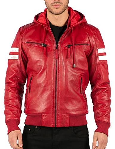 TruClothing Men's Bomber Jacket Outwear Windproof Winter Real Leather Jackets Coat Quilted Hood - Red 3XL