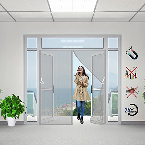 Mosquitera puerta magnetica, 180x245cm Malla de Fibra Impenetrable Súper Resistente, Rollos Cinta Adhesiva Desprendible, Totalmente Magnética, Cierre Automático (Gris)