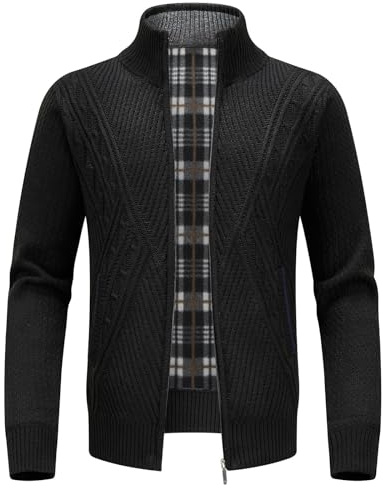 KUDORO Strickjacke Trachtenjacke Herren Cardigan mit Reißverschluss Gestrickt Wintermantel Strickjacke Sweatjacke Winterjacke Mit Stehkragen Fleecejacke Langarm(Schwarz1,XL)
