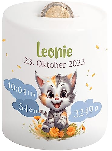 Kinder-Spardose mit Namen & Geburtsdaten personalisiert - Wolken-Motiv - Geldgeschenk für Neugeborenen & Baby - Sparschwein für Mädchen & Jungen - Geschenk zur Geburt, Taufe, Geburtstag (Katze)