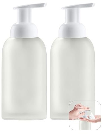 Kuxssul 2 Piezas Dispensador Jabon Espuma de Vidrio Blanco, 350 ml Dispensador de Jabón de Espuma con Etiquetas Botella de Bomba Reutilizable, Dosificador de Bomba para Cocina y Baño