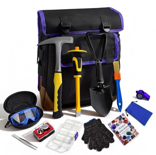 CKJSJ 14PCS Geology Rock Hounding Kit, 30oz Rock Pick Hammer with 12 Chisel, Gold Mining & Prospecting Equipment Tool with Backpack, Shovel, Magnifier, Whistle
