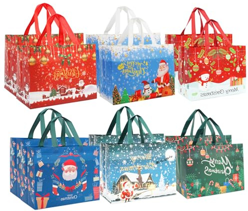 12 Stück Geschenktüten Weihnachten Groß, Non Woven Weihnachtstaschen Weihnachtstüten Geschenktaschen mit Griffen, Weihnachtsgeschenktüten, Weihnachts Geschenktüten, 32,5x25 x17 cm