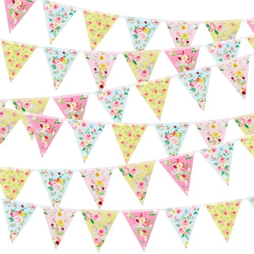 EASY JOY 5 PCS Tea Party Garland Floral Bunting Garden Party Decorations Hanging Floral Triangle Flag for Spring Afternoon Tea Birthday Baby Shower Home Decoration