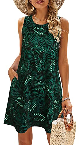 BDTECAOR Damen Ärmellose Kleider Lässiges Sommer Boho Kleid mit Taschen Blattgrün S