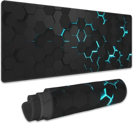 Gaming Mouse Pad, Blue Honeycomb Science Technology Extended Mouse Pad Gaming Large, Big Desk Mat with Non-Slip Base and Stitched Edge,Long Computer Keyboard Mouse Mat for Home Office Work 31.5x15.7