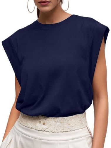 GRECERELLE Womens Cotton T Shirts Cap Sleeves Loose Fit Basic Ladies Tops for Casual Comfort Soft Crew Neck Summer Tees (Navy Blue, L)