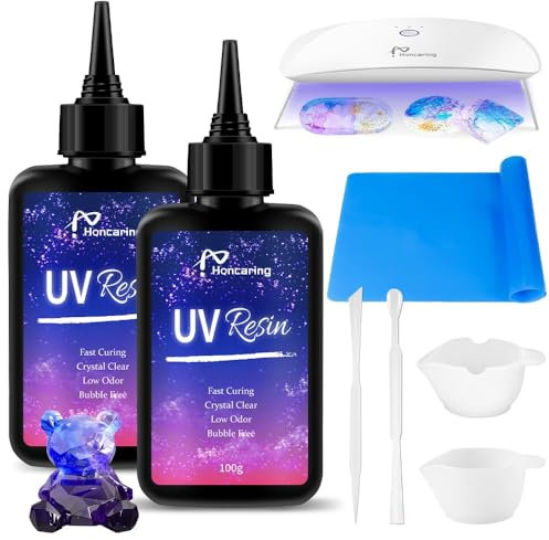 UV-Harz-Set, 200 g mit UV-Licht, harter UV-Harz-Kit, verbesserte Formel und kristallklares UV-Harz für Schmuckherstellung, 2 x 100 g Kunstharz-UV-Kit mit Licht für Ohrringe, Anhänger, DIY