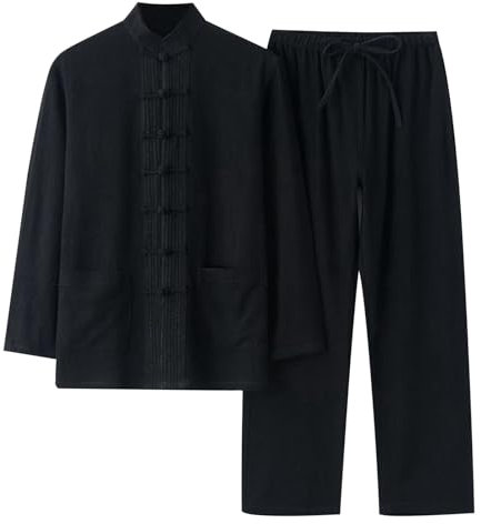 Bauzuoyo Men's Suit Chinese Style Traditional Martial Arts Kung Fu Tai Chi Wushu Classic Tangzhuang Long Sleeve Shirt Trousers Training Uniform Spring Autumn Leisure Clothing Linen Suit, black, L