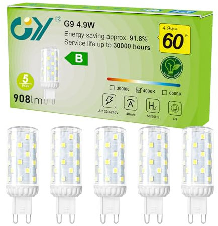 GY Bombilla G9 LED 4.9W 908 Lúmenes 4000k Blanco Neutro, Super Brillante, Sin Parpadeo, No Regulable, Ángulo de Luz de 360°, No apto para espacios cerrados, 5 Unidad