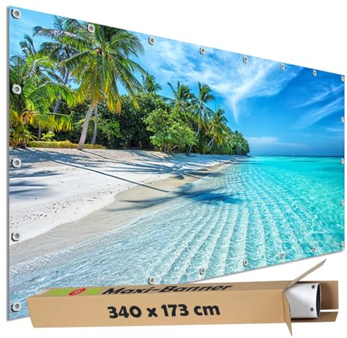 TRIOSK Sichtschutz Garten Dekoration Plane groß mit Motiv Malediven Meer Strand Tropical Beach Motivbanner Blickdicht für Terrasse Zaun Gartenzaun Gartenposter PVC Zaunblende 340x173 cm