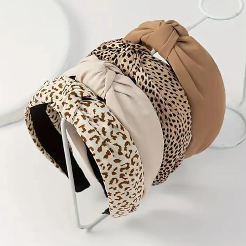 Lohill 4 Stück Haarreifen für Damen, Modisch Stirnbänder für Frauen, Rutschfest Haarband für Damenhaare, Niedliches Haarband Beige Braun Breiter Knoten Leopardenmuster Haarreifen
