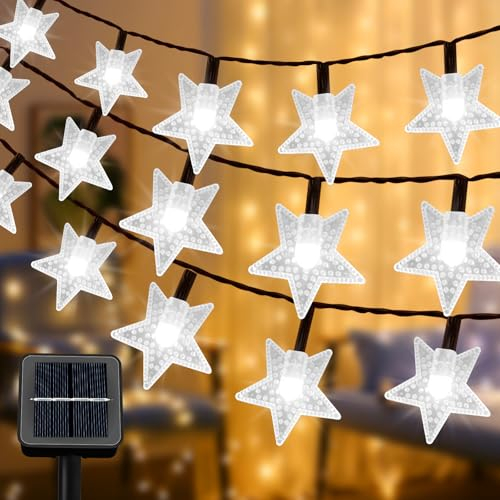 Qoosea Luces de Cadena Solar para Jardín con Estrellas de 14M 120 LED Luces Navideñas con 8 Modos Luces de Hadas Exteriores Alimentadas por Energía para Decor de Jardín Patio Cerca (Blanco Frío)
