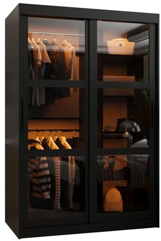 MEBLE KRYSPOL Dome Schrank mit Zwei Schiebetüren mit Spiegel, Stangen und Regalen - Aufbewahrungsschrank mit Rauchglas für Schlafzimmer, Wohnzimmer - 200x120x62cm - Schwarz, Schwarz, Schwarz