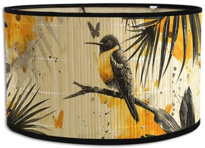 Morbuy Abat-Jour en Bambou, Abat-jour Tambour de 30cm Motif de Fleurs et d'oiseaux Abat-Jour Rechange pour Lampe de Table/Chevet, Suspension, Lampadaire, Décoration d'intérieur (Jaune A)