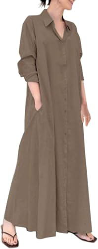 ThiCc Women's Cotton Linen Maxi Shirt Dress - Casual Loose Fit Long Sleeve Button Down V Neck Collared Tunic Blouse with Pockets Smock Long Dresses Business Casual Vacation Beach Outfit