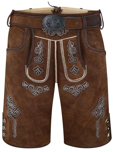 Spirit of Bavaria Trachten Lederhose Herren Kurz mit Gürtel - Kurze Trachtenhose - bayerische Trachtenlederhose - Oktoberfest Tracht Hose Dunkelbraun 507 Gr. 50