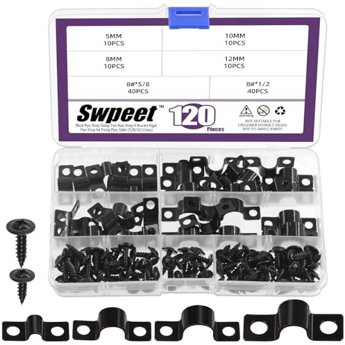 Swpeet 120Pcs 4 Sizes 5mm 8mm 10mm 12mm Two Hole U Bracket Clamp with Screws Assortment Kit, U-Clamps, Metal Pipe Clamps, Pipe Strap Clamps, Conduit Tension Clips for Fixing Pipe or Cable