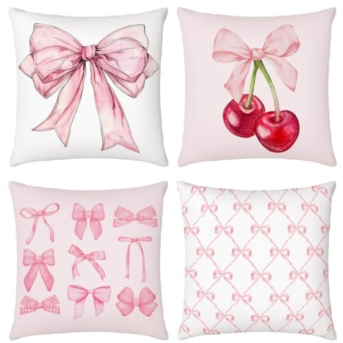 Mixweer 4 Stück 45,7 x 45,7 cm Kokette Kissenbezüge rosa Schleife Kissenbezüge Aquarell ästhetische Raumdekoration für Schlafzimmer Wohnzimmer Schlafzimmer Dekor