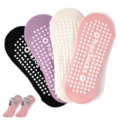 Fantasyon 4 Paires Chaussettes Yoga Antidérapantes Femme Chaussette Pilates en Coton Taille 36-39 avec Poignées pour Femmes, pour Danse, Ballet, Fitness Spor