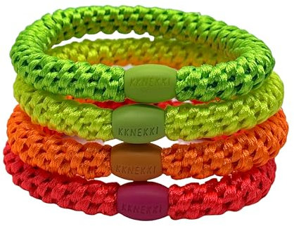 KKNEKKI L'ORIGINAL 4 Stück Haargummis, elastisch, geflochten, Armbänder, mehrfarbig (Neonrosa, Orange, Grün, Gelb)
