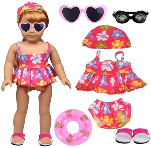 Puppenkleidung Sommer,Schwimm-Set für Puppen 7 Teilig Puppenzubehör Schwimmpuppe Badeanzug Puppe Babypuppenkleidung mit Schwimmring Schuhe Sonnenbrille für 43 cm Schwimmpuppe Mädchen Geschenke