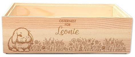 FEENSTAUB Osternest personalisiert, Holzkiste Ostern mit Namen und Wunschtext graviert, Osterkorb mit Namen, Ostergeschenk, Osterkiste für Kinder, Osterkorb personalisiert, Osterhase Kiste Geschenkbox