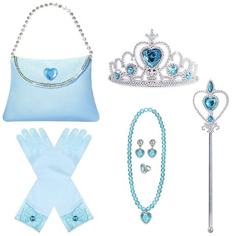Toyhood 9 Stück Prinzessin Zubehör für Mädchen, Prinzessin Kostüm Dress Up Zubehör, Enthalten Krone, Handschuhe, Zauberstab, Halskette, Ring, Ohrring, Geldbeutel, für Cosplay Kleid Kostüme (Blau)