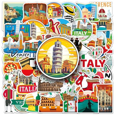 50 Stück Italien-Wahrzeichen-Aufkleber, wasserdicht, Vinyl-Reiseaufkleber mit schiefem Turm von Pisa, Venedig, Rom, Kolosseum, Pizza, Gondel für Laptop, Skateboard, Koffer, Scrapbook, Wasserflasche