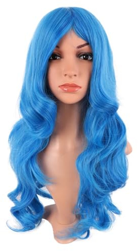 MapofBeauty 24 Inch Long Wavy Side Bangs Anime Cosplay Wig,Mixed Vivid Blue