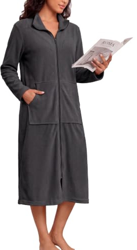 Viakeo Fleece Bademantel für Damen Reißverschluss Nachtkleid Lang Bathrobe Leichtgewicht Hausmantel mit Taschen S-3XL