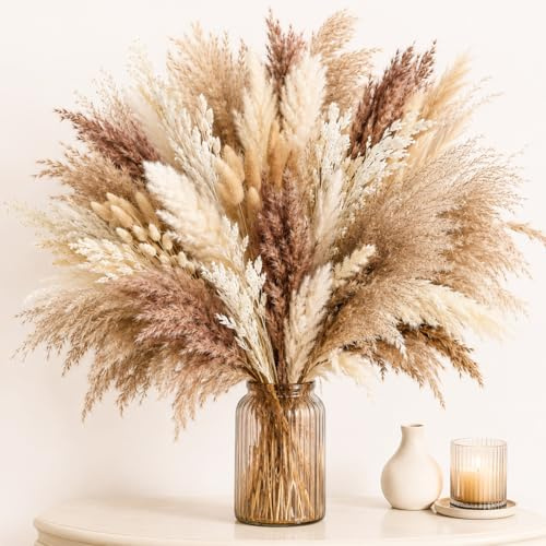 128 Pcs Artificial Pampas Grass Decoration, Dried Flowers for Vase | Pampas Grass Decor Bouquet, Crafts & Home Decor, Ideal for Weddings & Living Rooms & DIY Arrangements