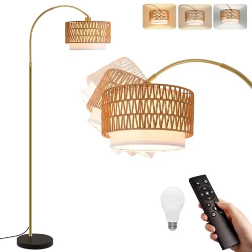 Kowanie Stehlampe Rattan Bogenlampe Wohnzimmer Boho Stehleuchte in Gold