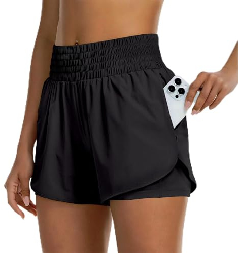 Dreaku Womens 2 in 1 Running Shorts with Pockets, High Waisted Ladies Gym Shorts, Lightweight Women's Sport Activewear for Running, Hiking, Workout (UK, Alpha, L, Regular, Regular, Black)