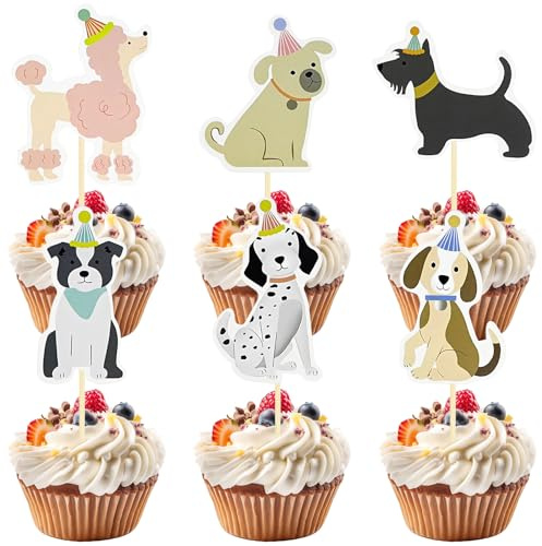 qingmeng 36 Stück Tortendeko Hund Cupcake Topper Hundegeburtstag Deko Geburtstagskuchen Muffin Geburtstag Kuchen Deckel Kindergeburtstag Dekorationen für Kinder Märchen Party Zubehör Dog Theme