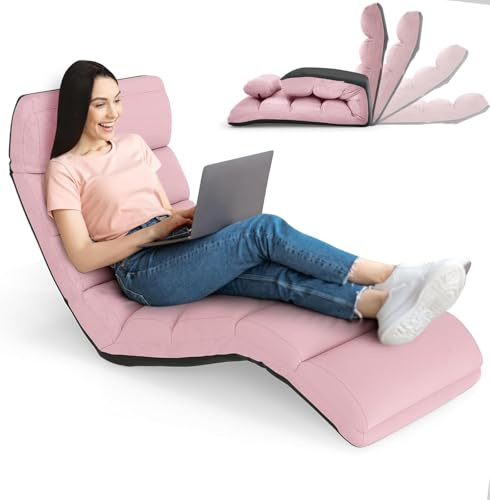 RELAX4LIFE Relaxliege, Bodenliege 5-Fach Einstellbar, Bodenstuhl Faltbar, Relaxsessel mit Kissen, Liegesessel mit Schlaffunktion, bis 120kg belastbar, Klappsessel für Lesen & Schlafen (Rosa)