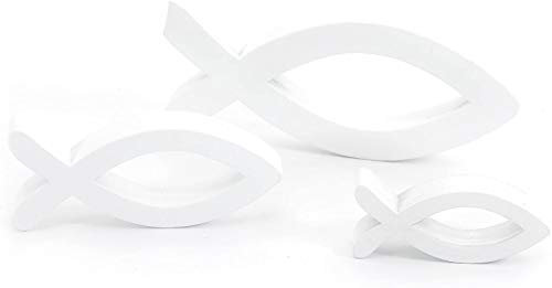 Oblique Unique® Deko Fisch 3er Set Weiß aus Holz - Tisch Deko für Taufe, Kommunion und Konfirmation