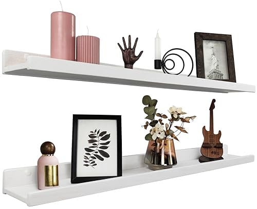 Handcrafted Floating Shelves for Wall 90cm, Waterproof Wall Storage Shelves with Lip, Display Picture Ledge Shelf for Living Room Photo Frame, Natural Wood Hanging Book Shelves (White, Set 2)