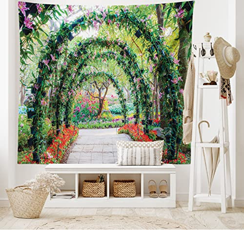 ABAKUHAUS Garten Wandteppich, Blumenbögen Pflanzen, Wohnzimmer Schlafzimmer Heim Seidiges Satin Wandteppich, 200 x 150 cm, Grün und Rot