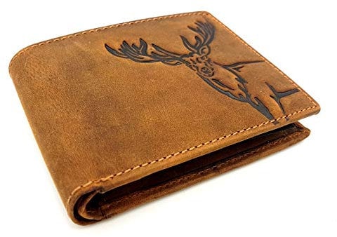 Jockey Club echt Büffel Voll-Leder Geldbörse für Männer, naturbelassenes Hunterleder Portemonnaie mit RFID NFC Schutz Hirsch