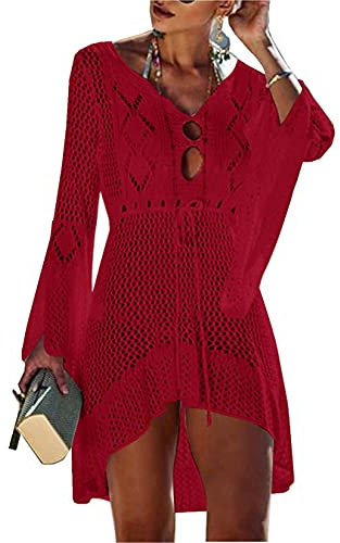 Jinsha Mujer-Vestidos Verano-Ropa Punto-para Pareos-Playeros - Baño Bikini Cover Up Sexy V Cuello Fiesta Crochet Ganchillo Tejido Kaftan Camisola de la Playa Suelto Suave Cómodo Elegantes Mujer(Rojo