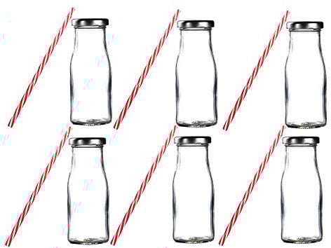 HTUK® Retro-Milchflaschen-Trinkgläser, 6 Stück, mit wiederverwendbaren Strohhalmen und silberfarbenen Deckeln, wiederverwendbar, Vintage-Stil, Milchflasche, transparent, 310 ml